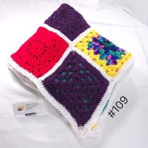 Vintage Handmade Afghan Blanket Crochet Knit Granny Squares 68x50 White Multi